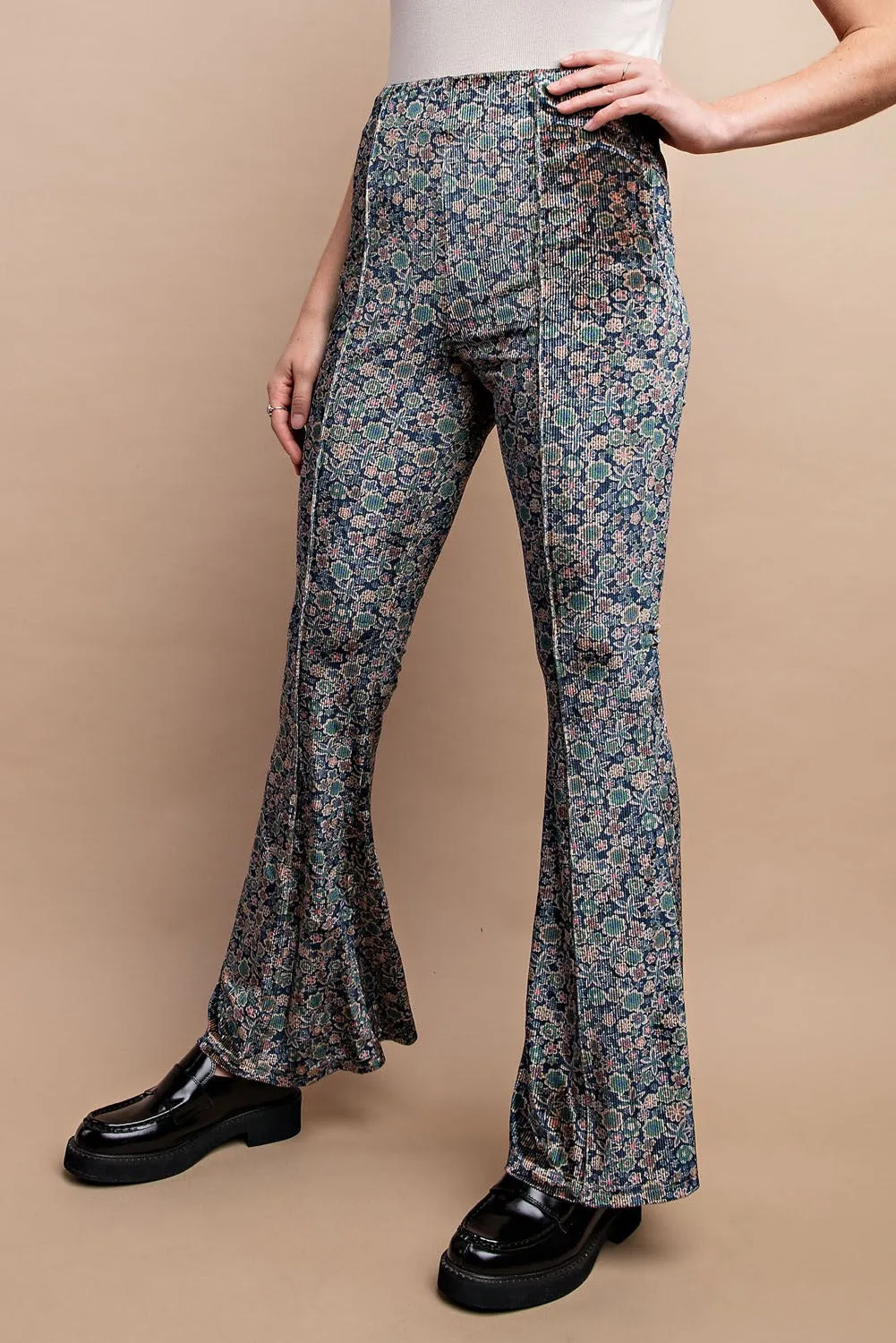 Ditsy Floral Velvet High-Rise Stretchy Flare Pants