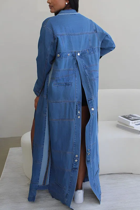 Double Slit Denim Maxi Jacket