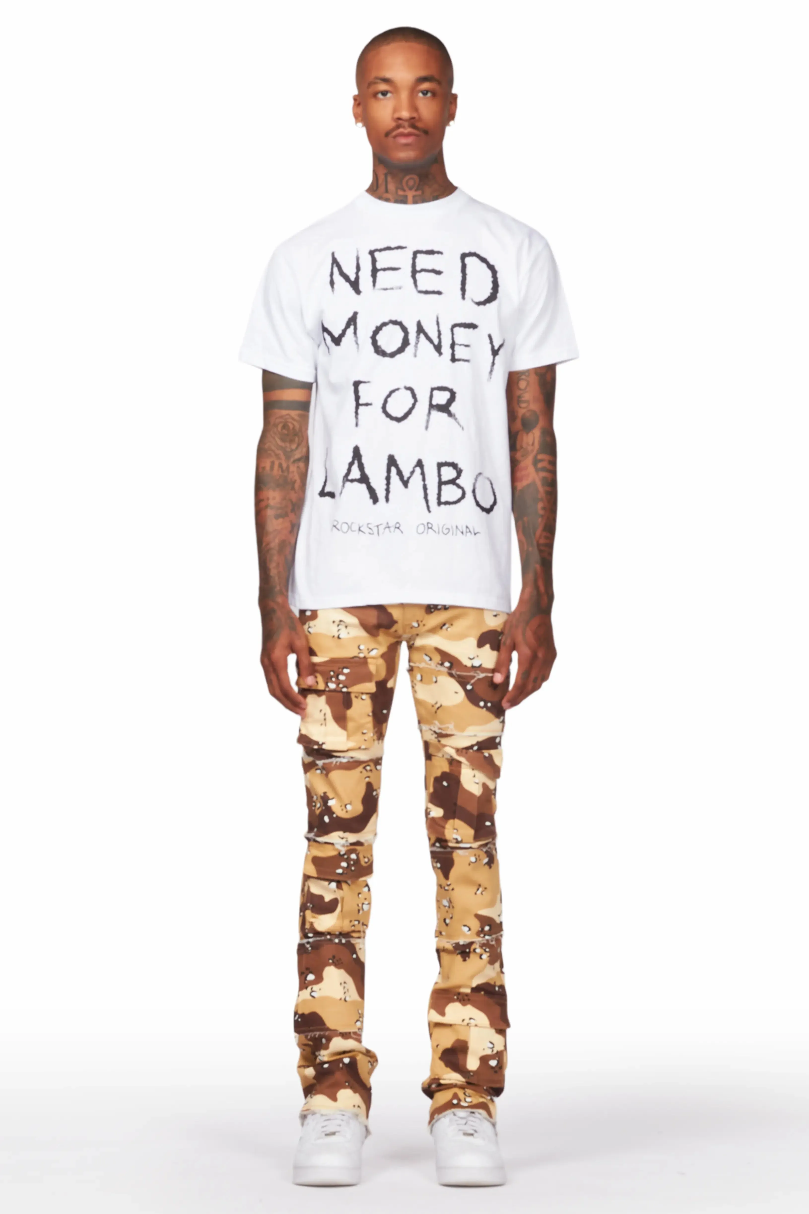 Duggar Beige Camo Cargo Stacked Flare Jean