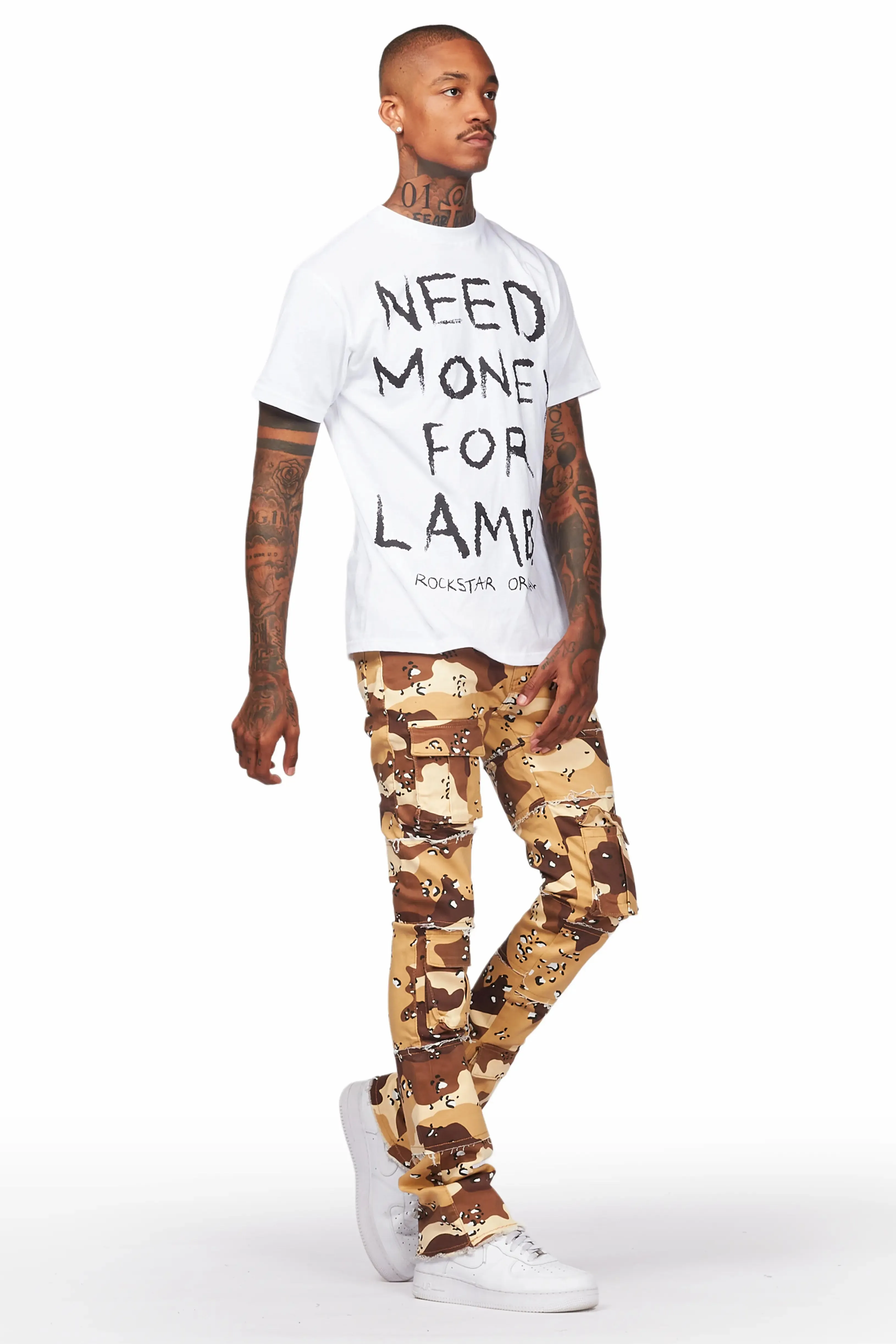 Duggar Beige Camo Cargo Stacked Flare Jean