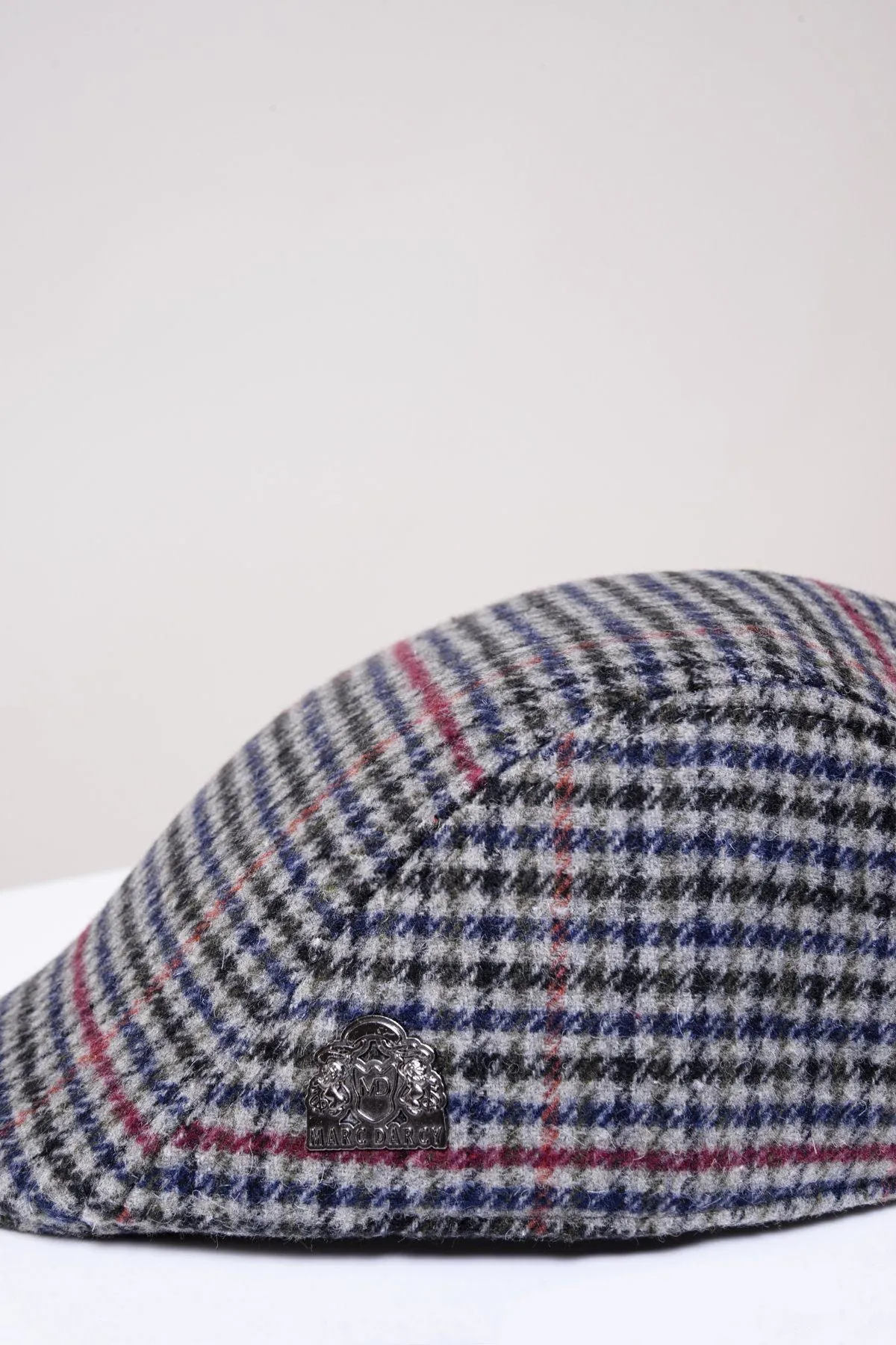 Edward Navy Grey Check Tweed Flat Cap