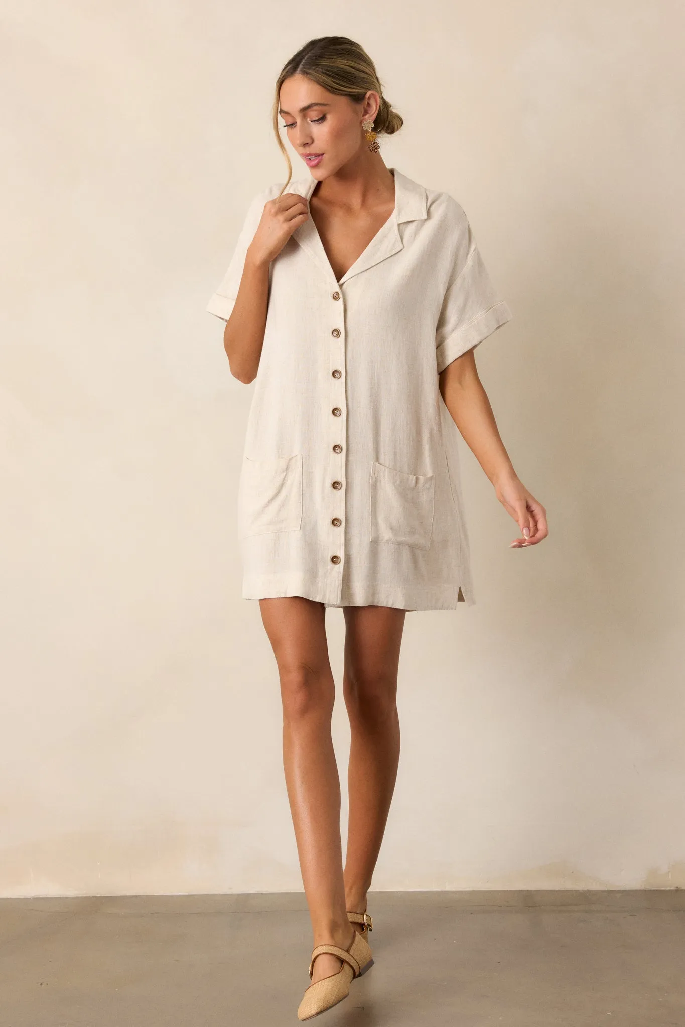 Effortless Selection Beige Button Front Shirt Mini Dress