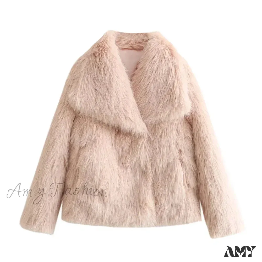 Fashion Faux Fur Cropped Autumn Winter Lapel Long Sleeve Thick Warm Chic Coat