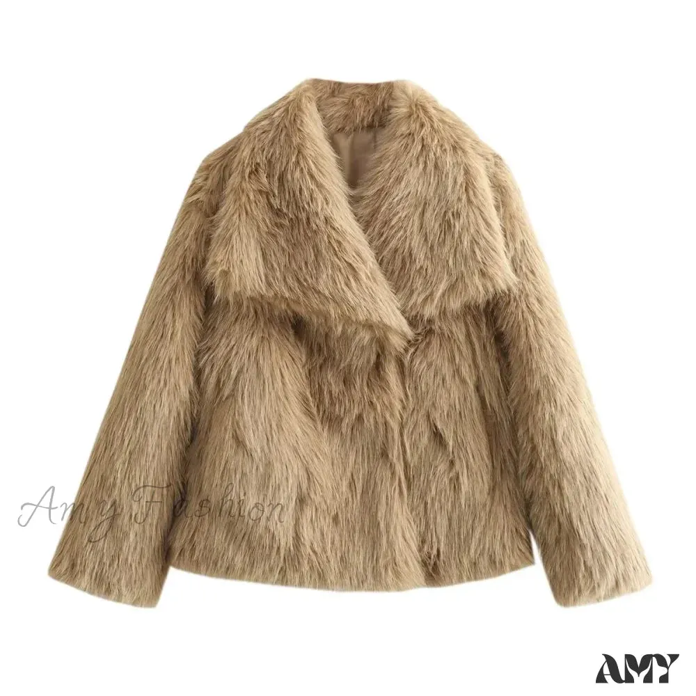 Fashion Faux Fur Cropped Autumn Winter Lapel Long Sleeve Thick Warm Chic Coat