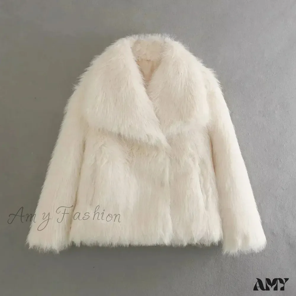 Fashion Faux Fur Cropped Autumn Winter Lapel Long Sleeve Thick Warm Chic Coat