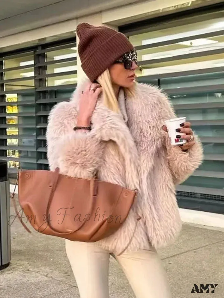 Fashion Faux Fur Cropped Autumn Winter Lapel Long Sleeve Thick Warm Chic Coat