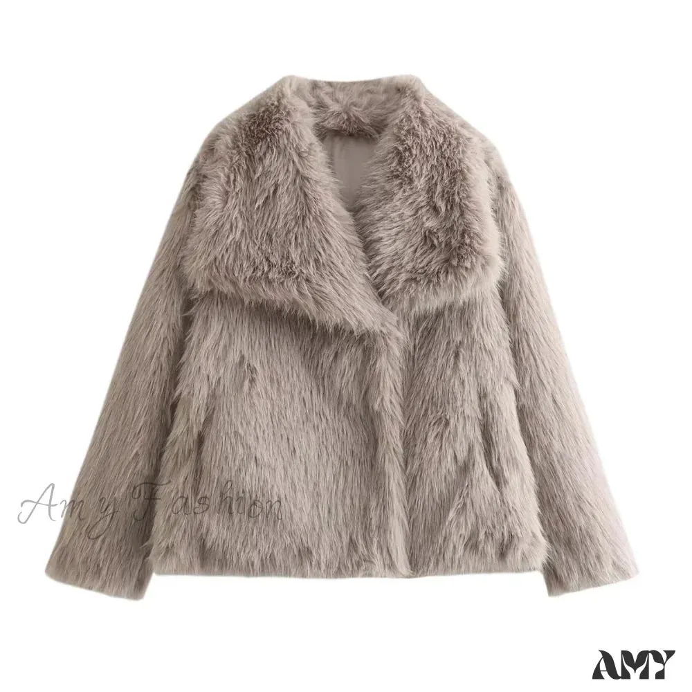 Fashion Faux Fur Cropped Autumn Winter Lapel Long Sleeve Thick Warm Chic Coat