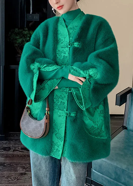 Fashion Green V Neck Button Thick Leather And Fur Coats Winter