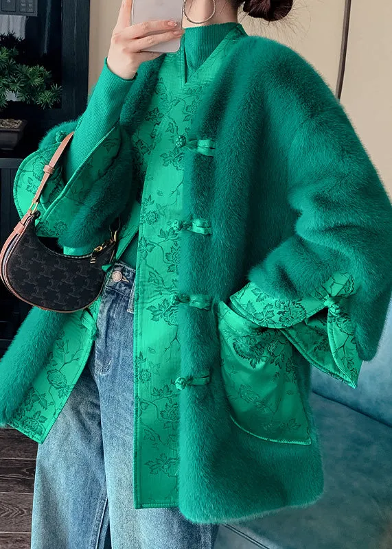 Fashion Green V Neck Button Thick Leather And Fur Coats Winter