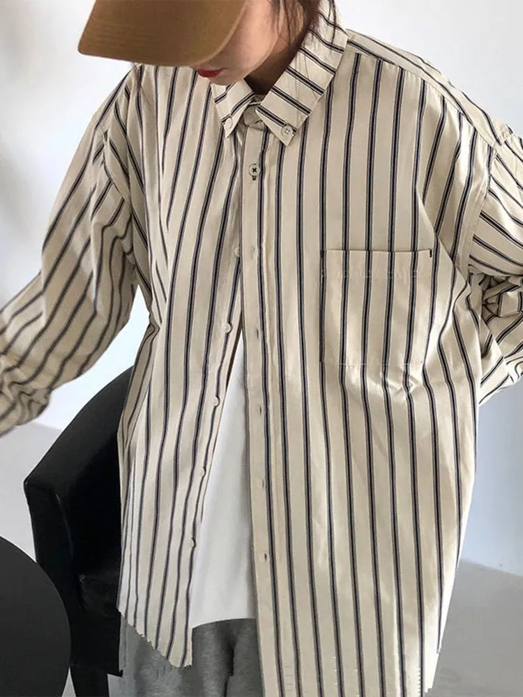 Fashion Striped Women Shirts Oversize Loose Long Sleeve Shirts Spring Elegant Single Breasted Office Ladies Korean Top