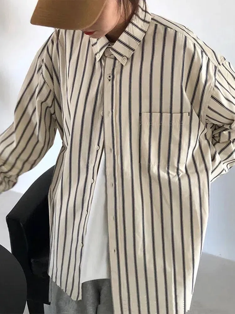 Fashion Striped Women Shirts Oversize Loose Long Sleeve Shirts Spring Elegant Single Breasted Office Ladies Korean Top