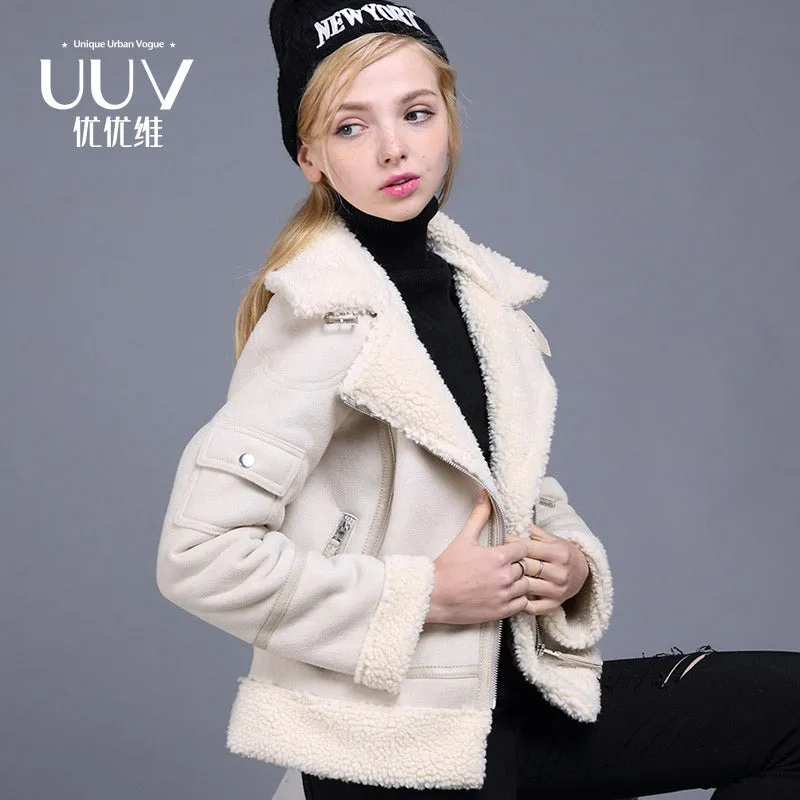 Faux Shearling Leather Jacket Women Winter  Short Motorcycle Coats