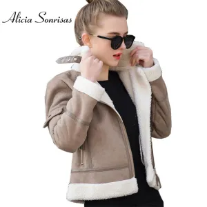 Faux Shearling Leather Jacket Women Winter  Short Motorcycle Coats