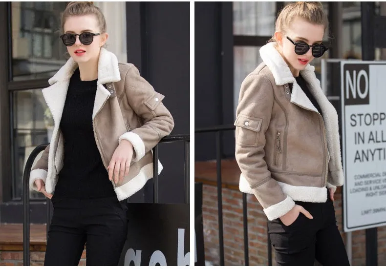 Faux Shearling Leather Jacket Women Winter  Short Motorcycle Coats