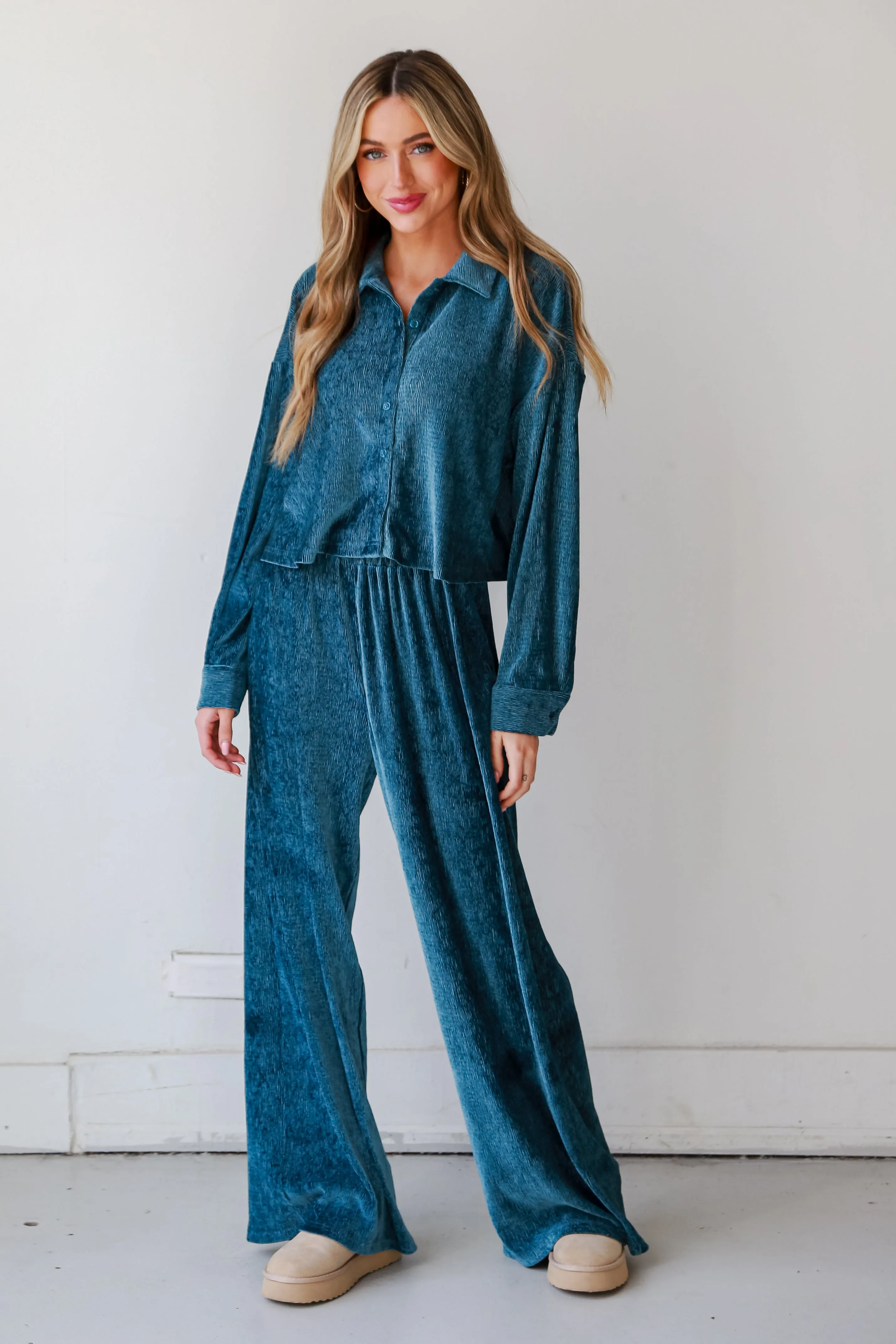 FINAL SALE - Luxurious Dream Teal Velvet Plisse Pants