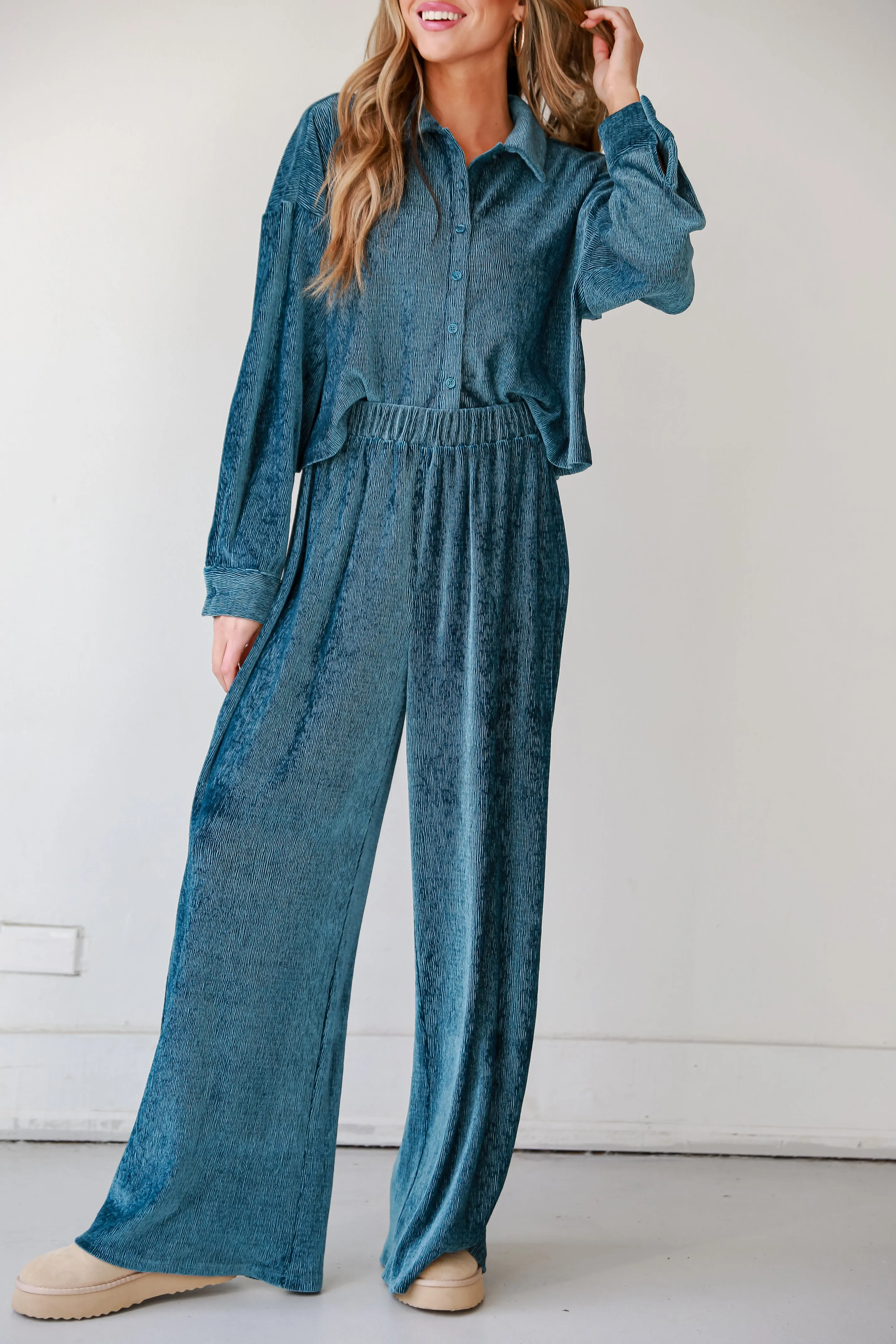 FINAL SALE - Luxurious Dream Teal Velvet Plisse Pants