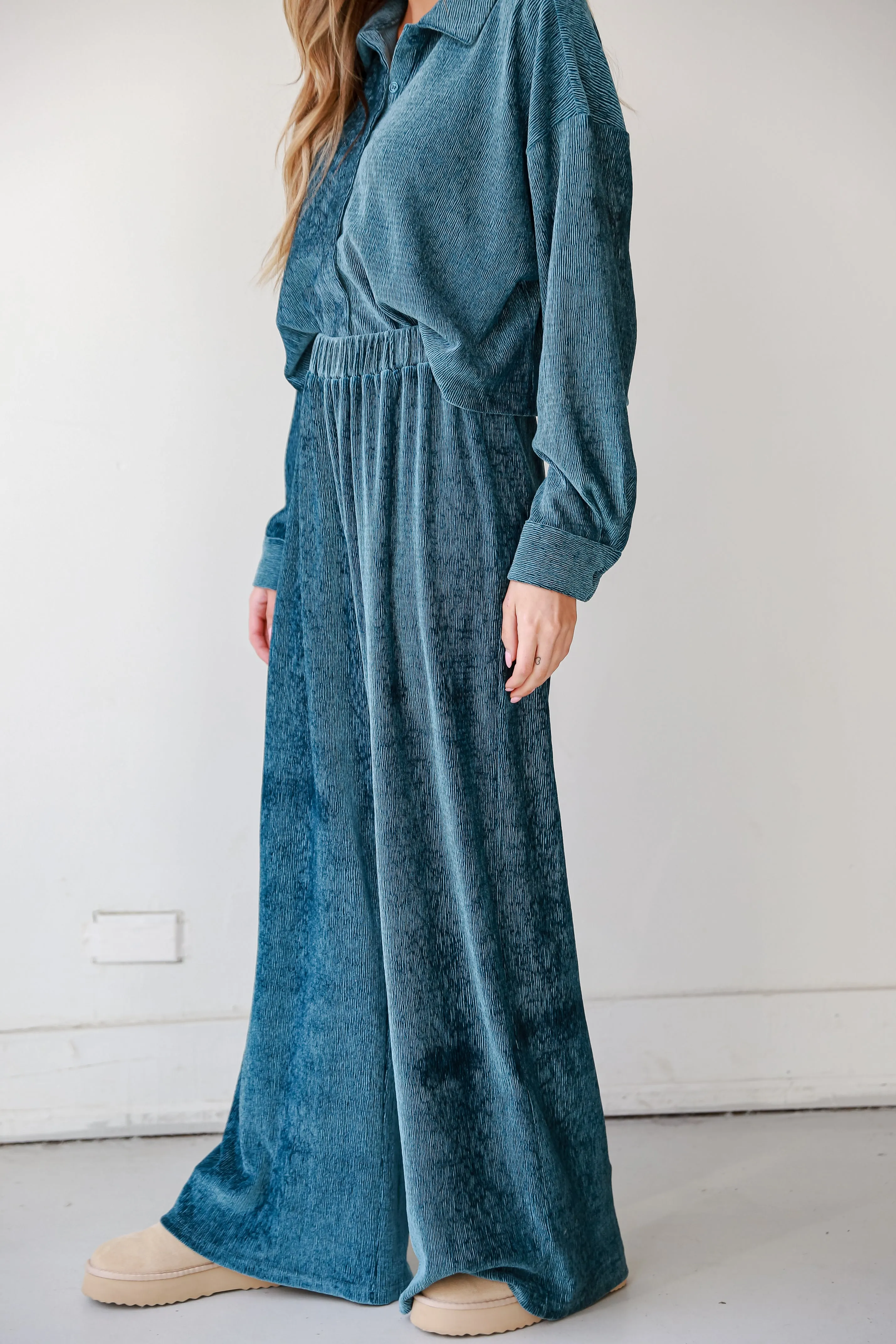 FINAL SALE - Luxurious Dream Teal Velvet Plisse Pants