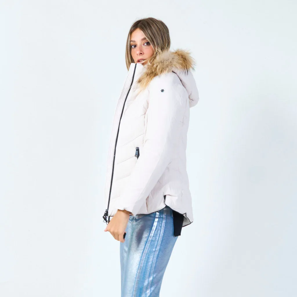 Fitted quilted jacket with faux fur hood wholesale