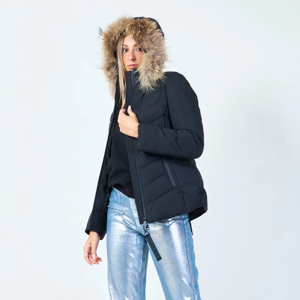 Fitted quilted jacket with faux fur hood wholesale