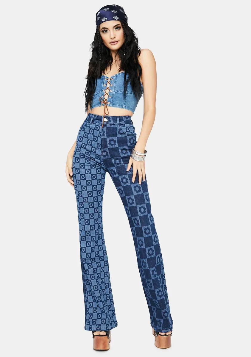 Flower Print Retro Flare Jeans