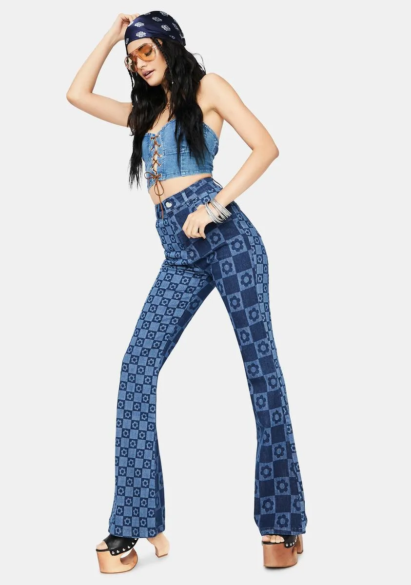 Flower Print Retro Flare Jeans