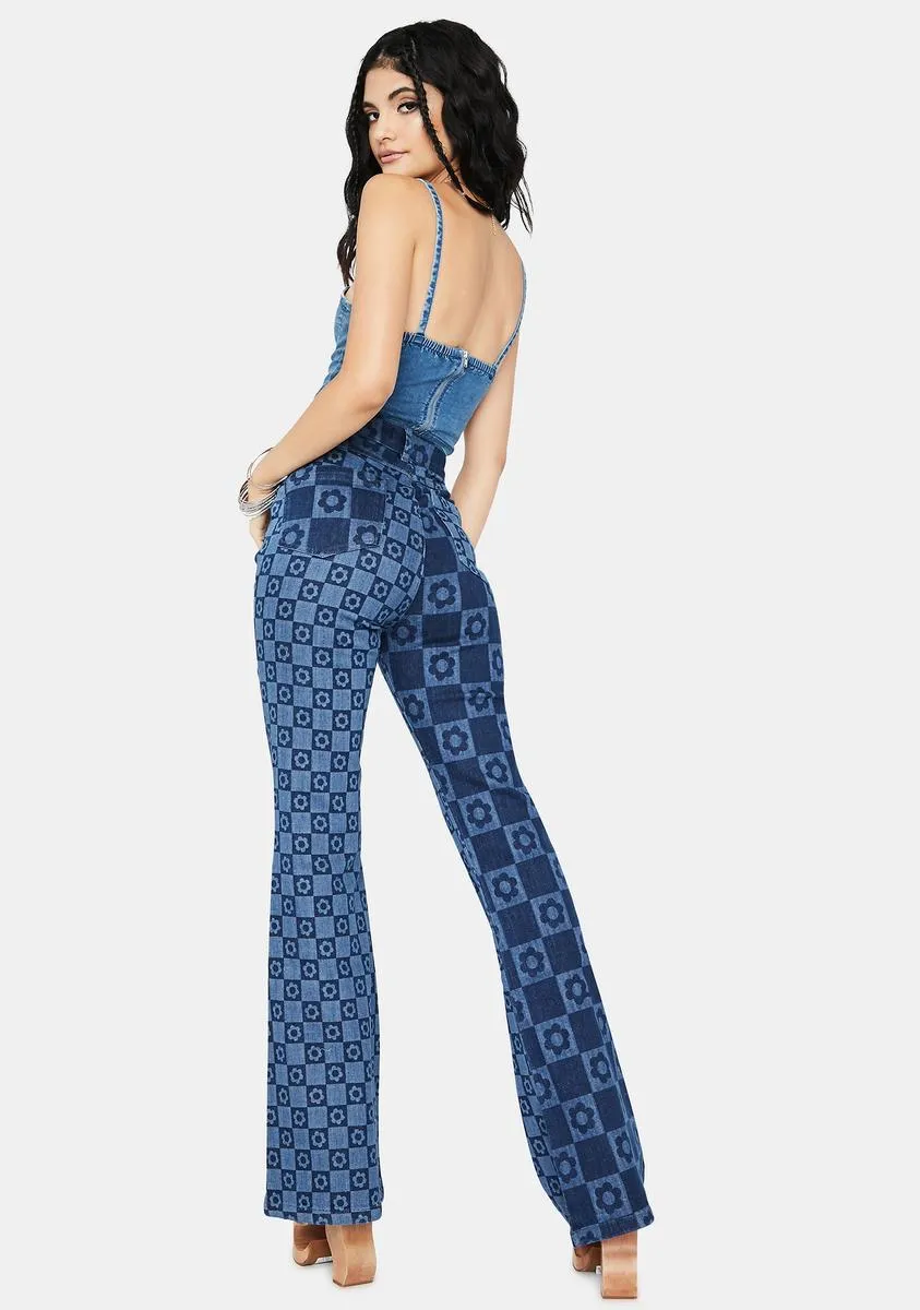 Flower Print Retro Flare Jeans