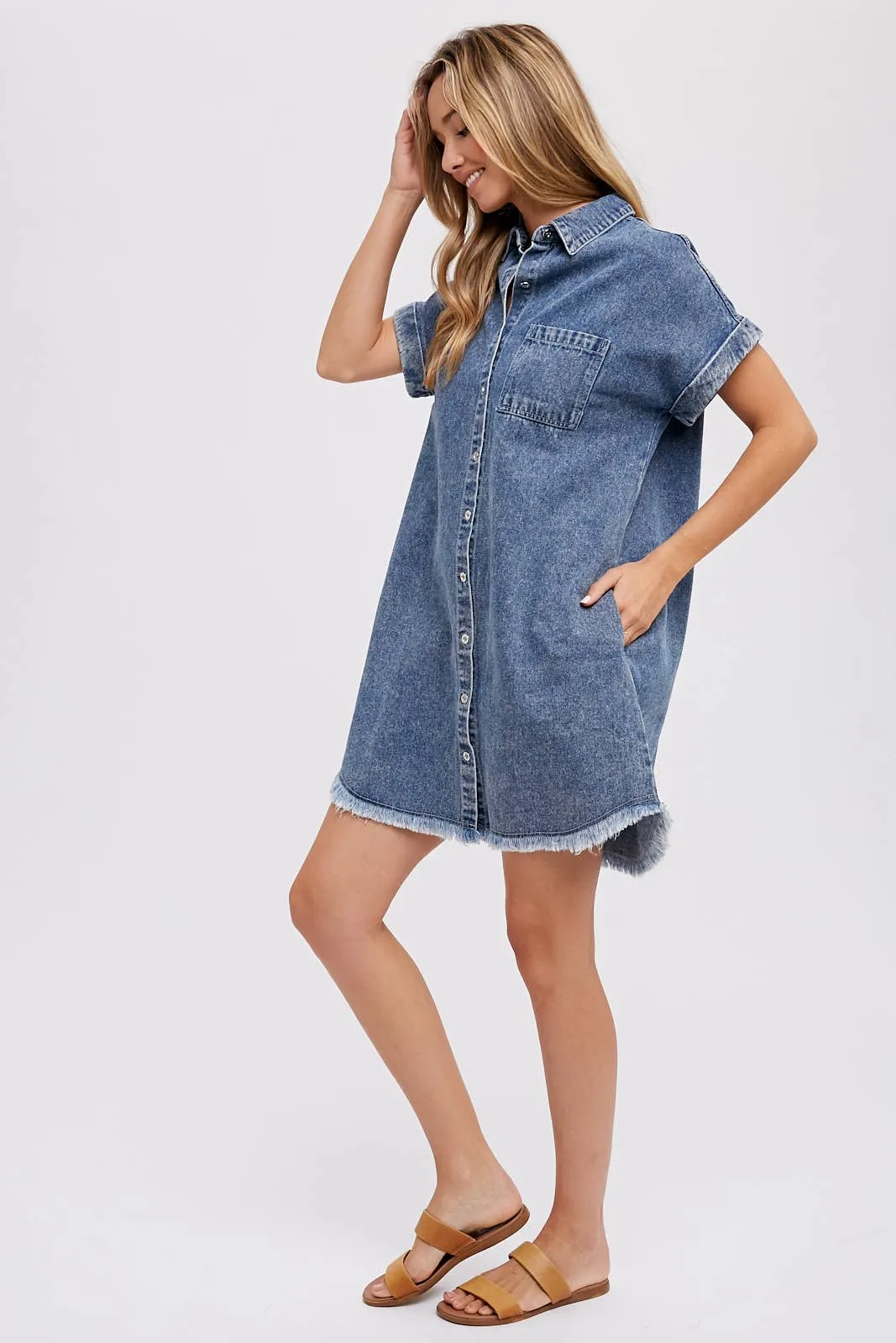 FRAYED HEM DENIM SHIRT DRESS