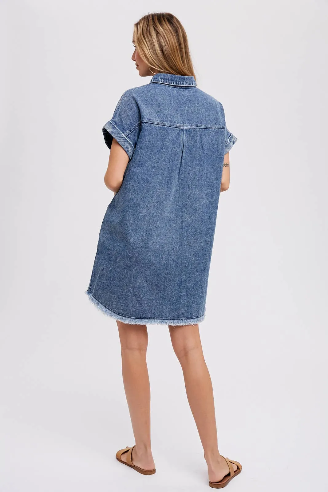 FRAYED HEM DENIM SHIRT DRESS