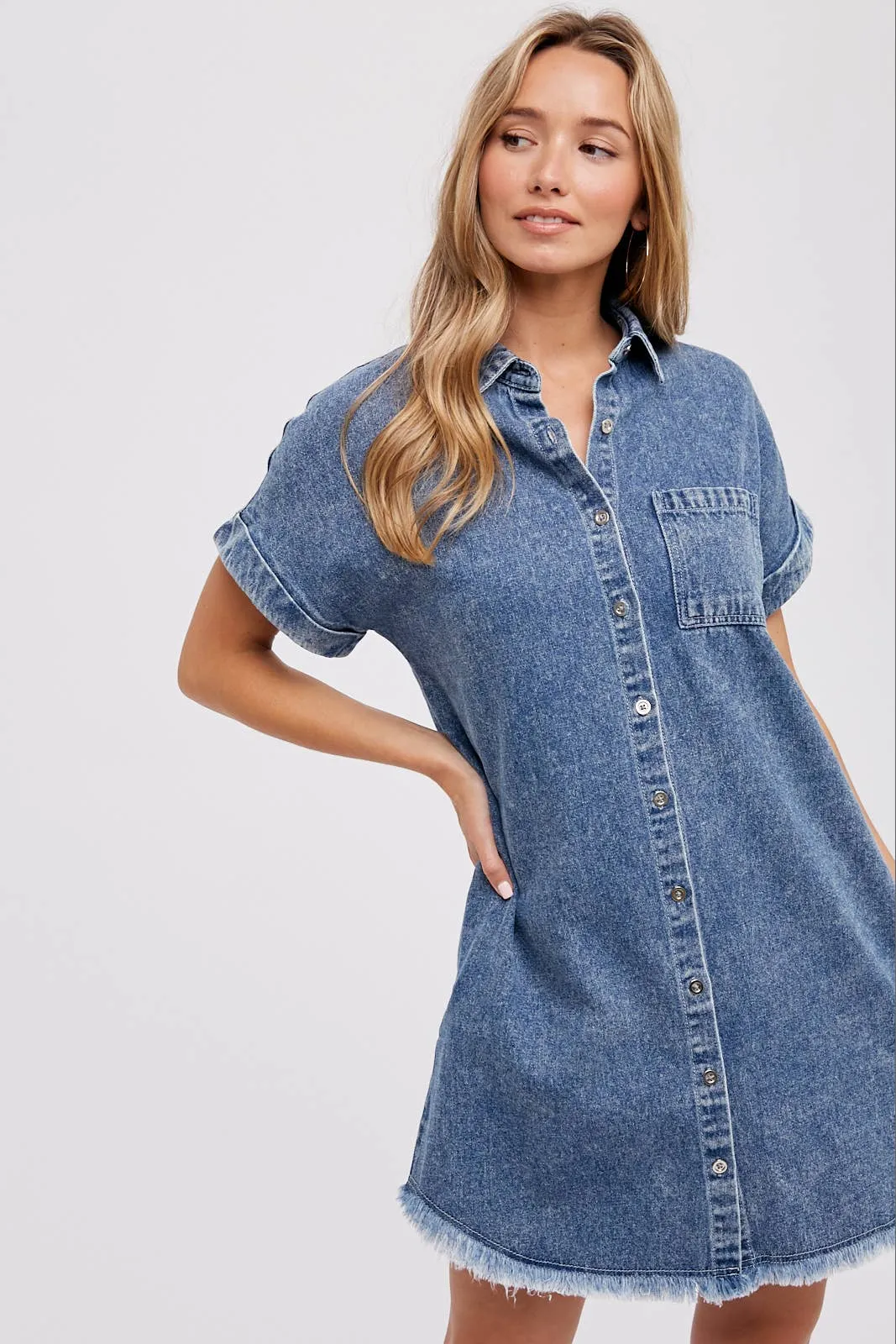 FRAYED HEM DENIM SHIRT DRESS