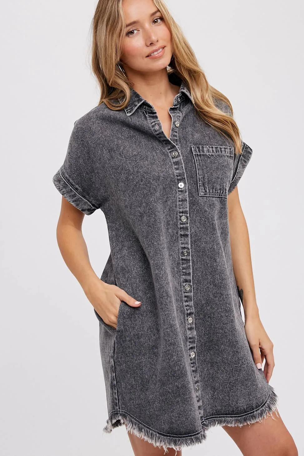 FRAYED HEM DENIM SHIRT DRESS