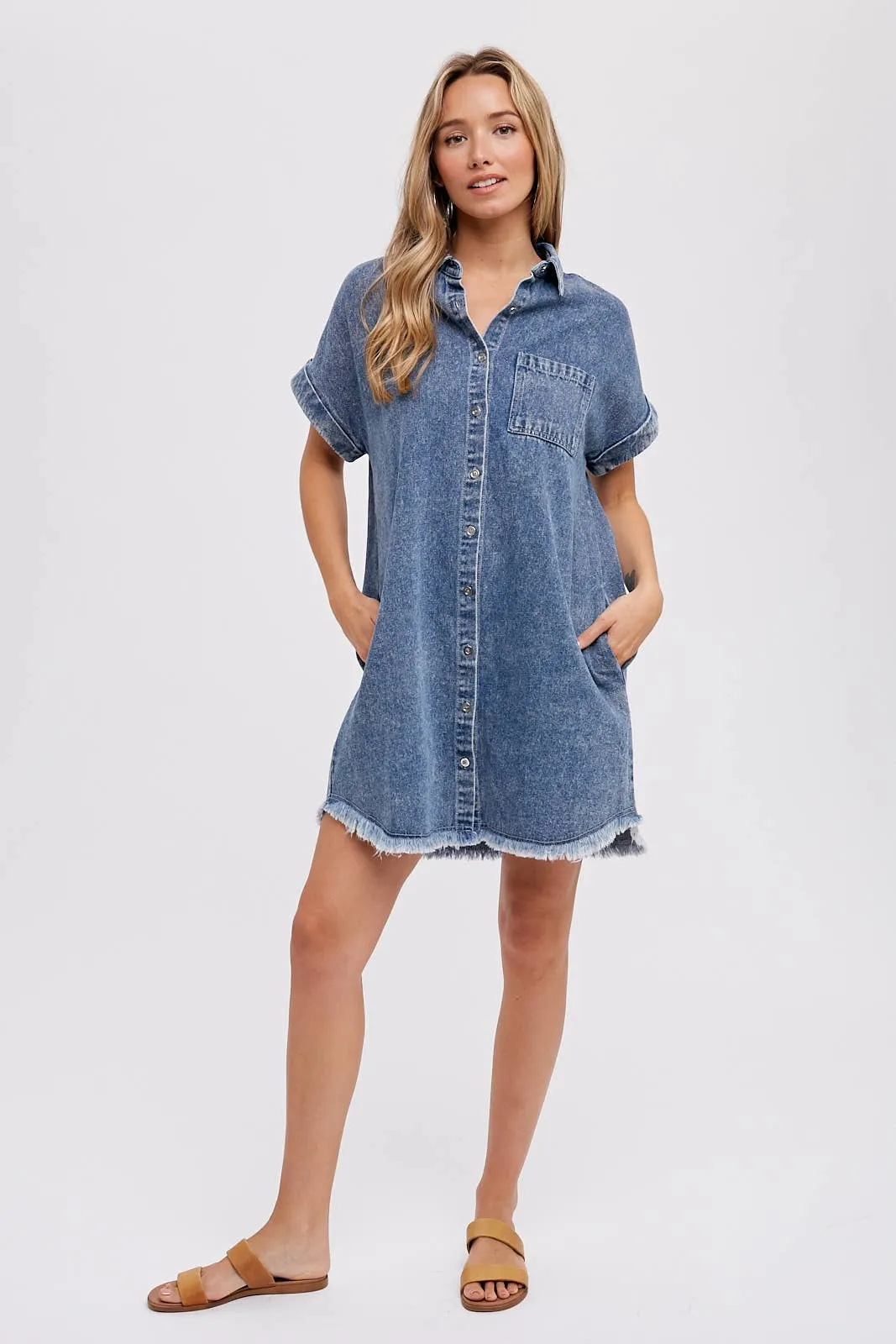 FRAYED HEM DENIM SHIRT DRESS