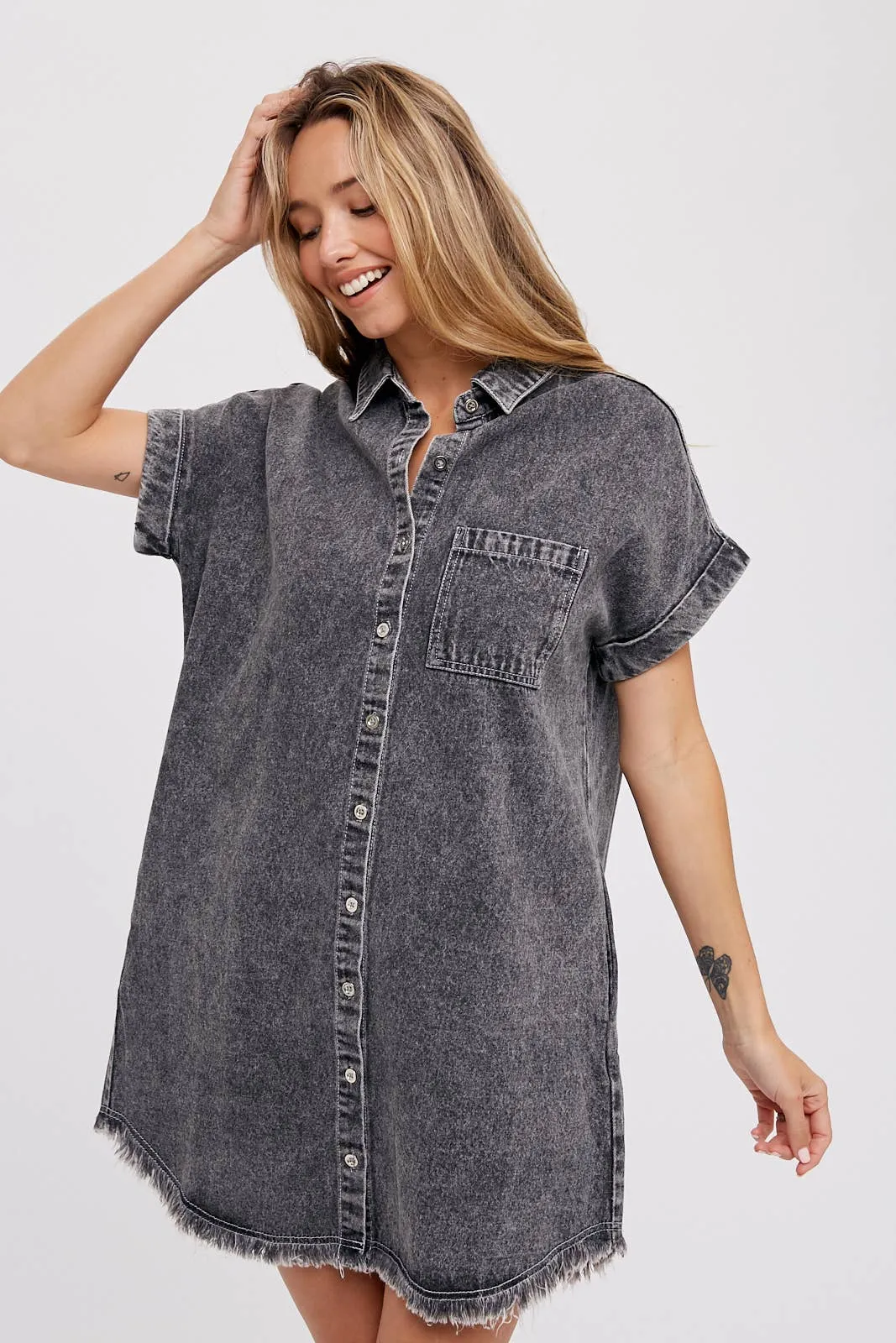 FRAYED HEM DENIM SHIRT DRESS