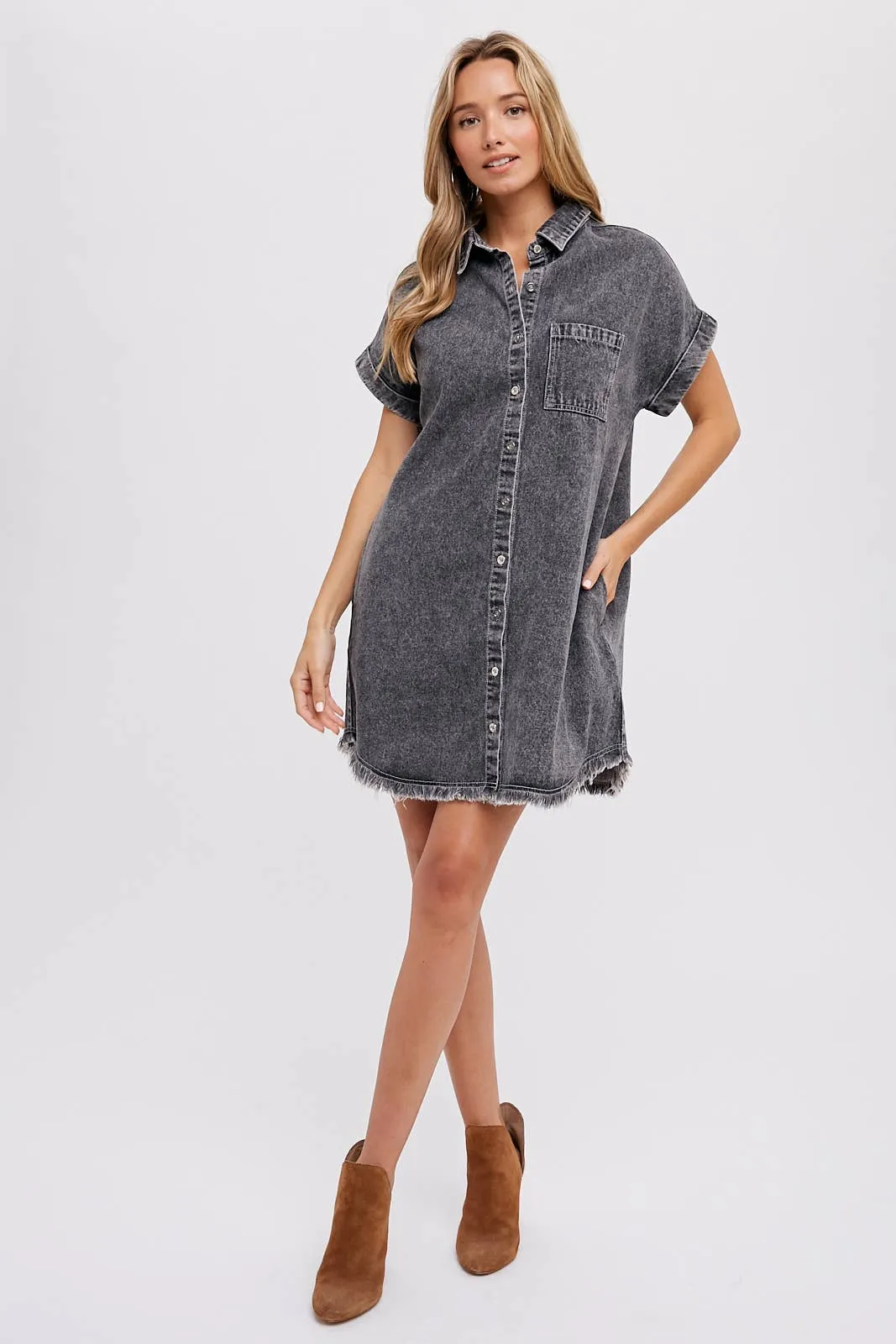 FRAYED HEM DENIM SHIRT DRESS