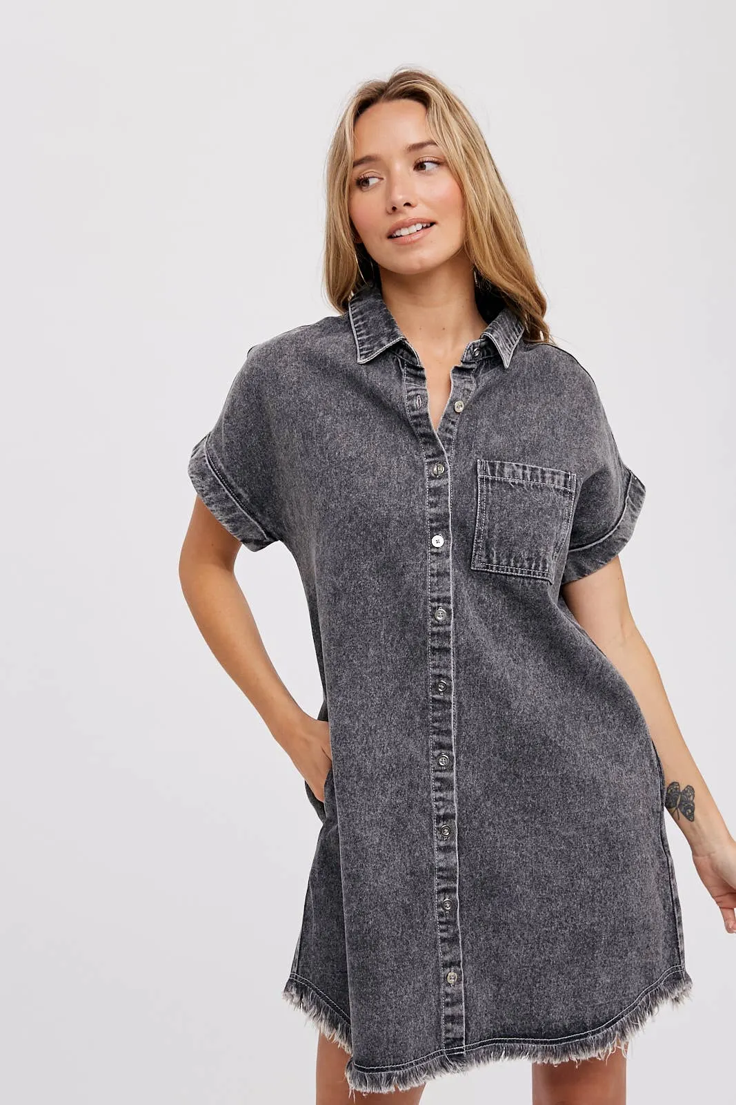 FRAYED HEM DENIM SHIRT DRESS