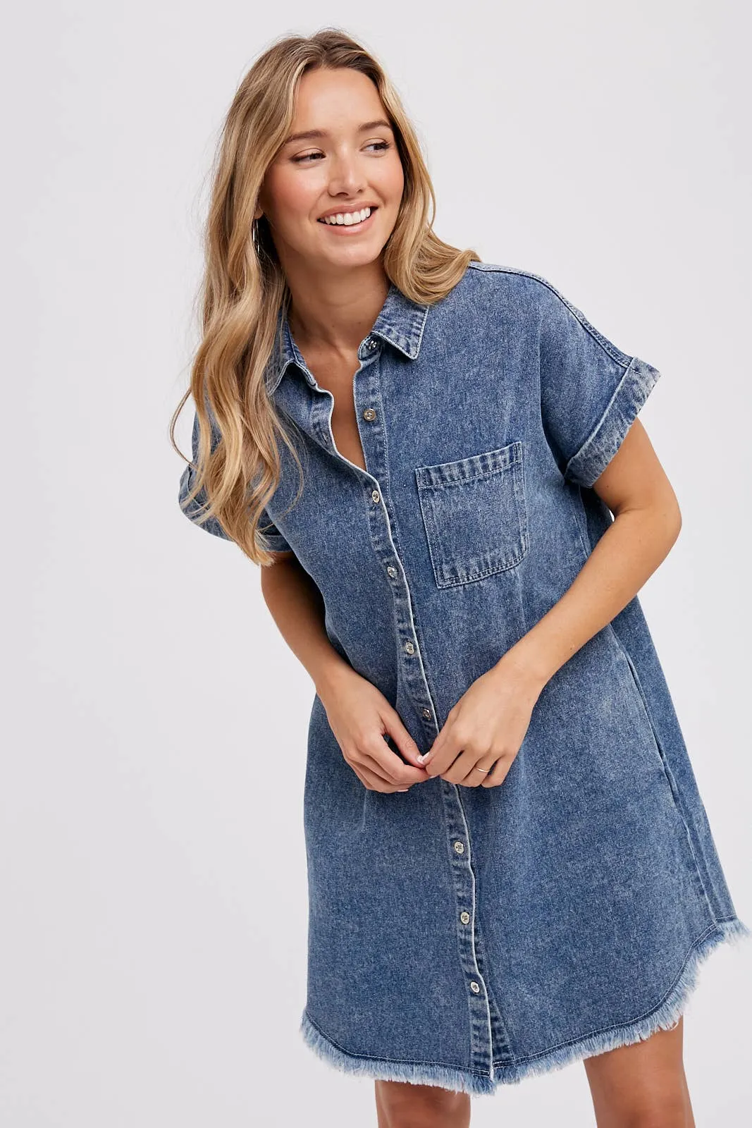 FRAYED HEM DENIM SHIRT DRESS