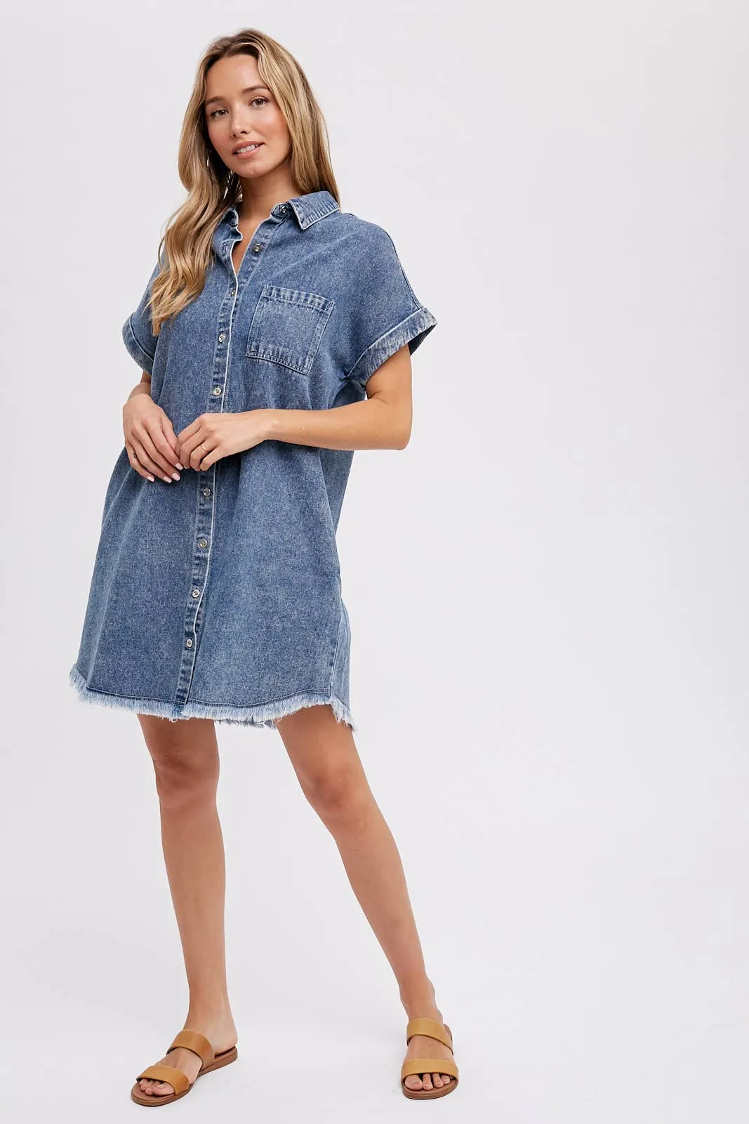 FRAYED HEM DENIM SHIRT DRESS