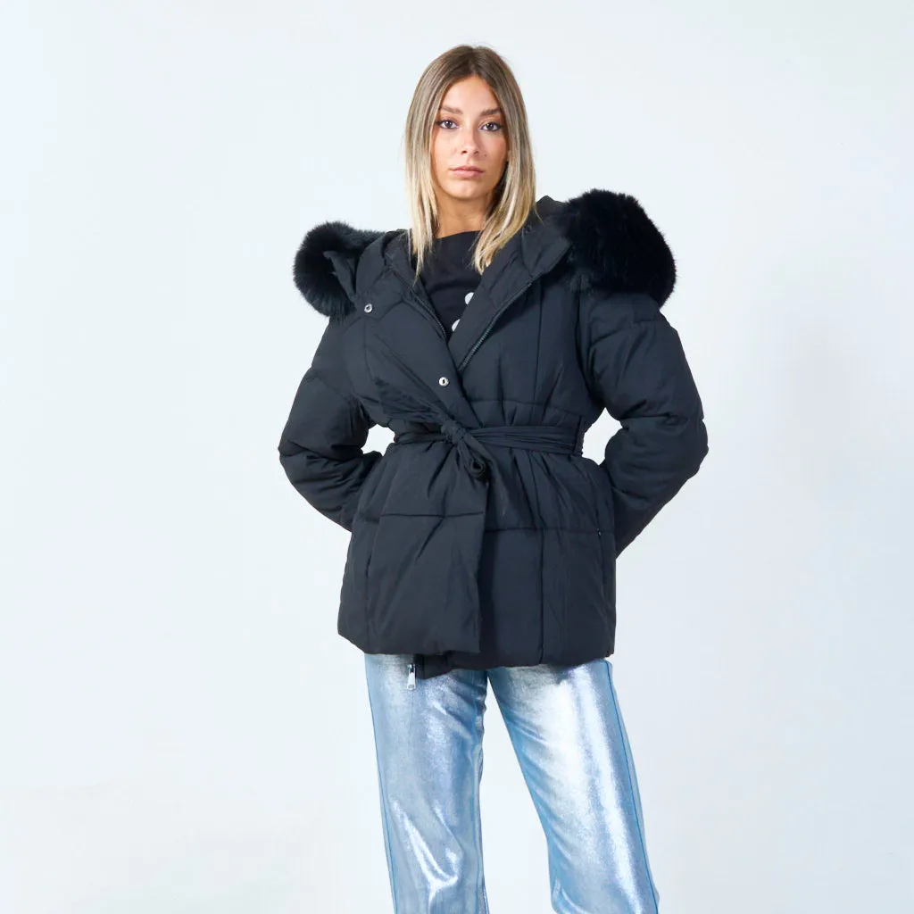 Fur-trimmed belted hooded jacket wholesale