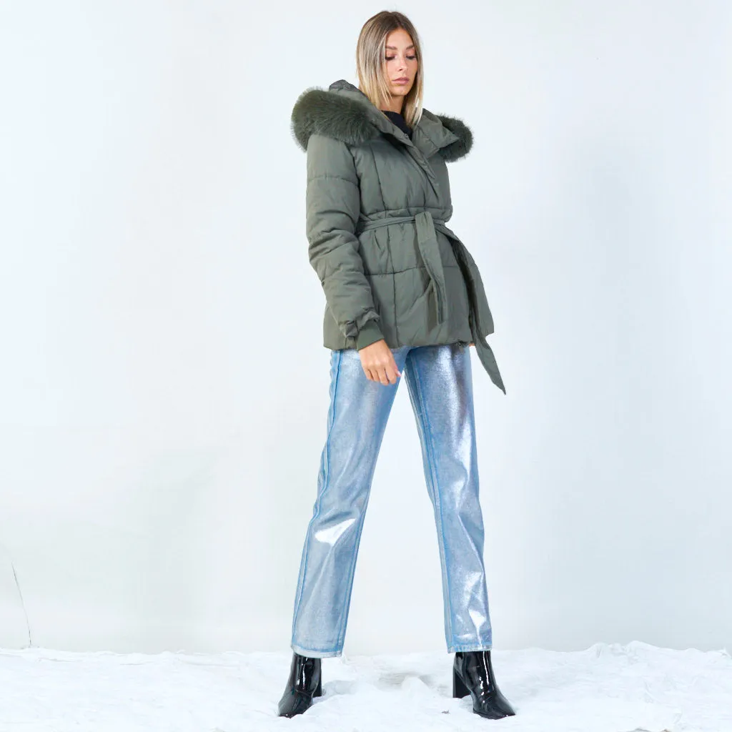 Fur-trimmed belted hooded jacket wholesale