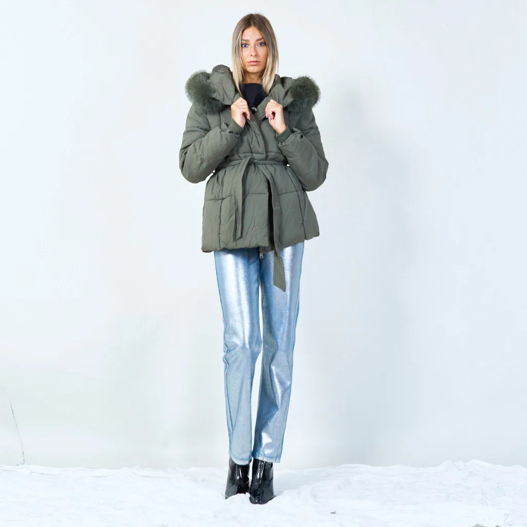 Fur-trimmed belted hooded jacket wholesale