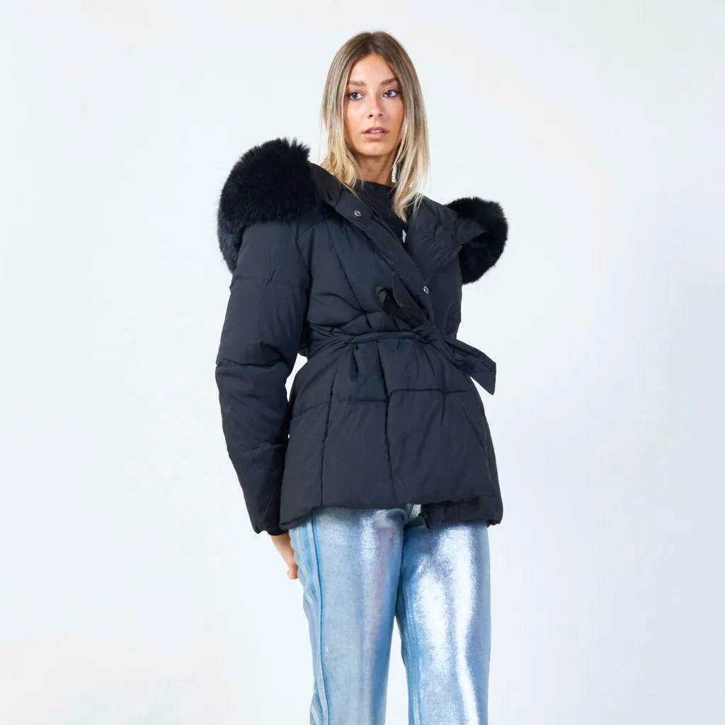 Fur-trimmed belted hooded jacket wholesale