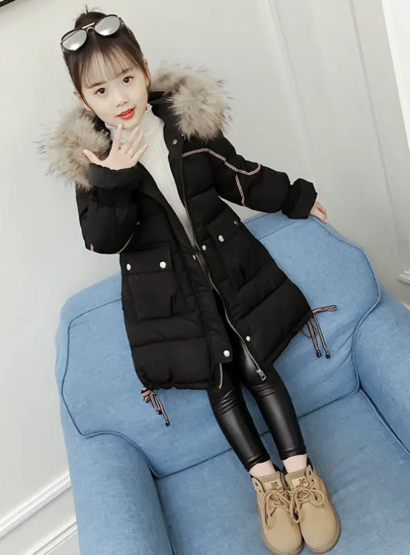 Girls' Cotton Padded Coats Middle Long Jacket