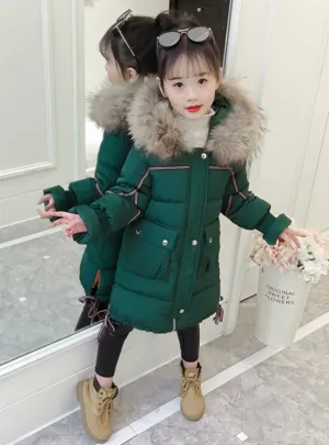 Girls' Cotton Padded Coats Middle Long Jacket