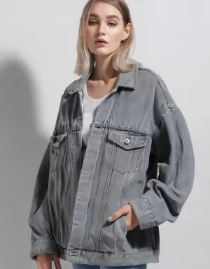 Gray Oversized Denim Jacket With Large Pockets