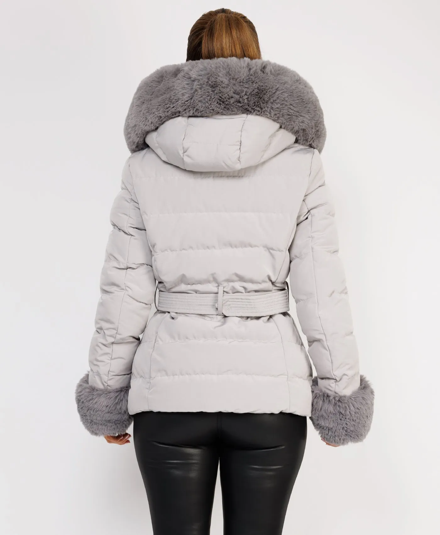 Grey Premium Faux Fur Trim Padded Parka Coat