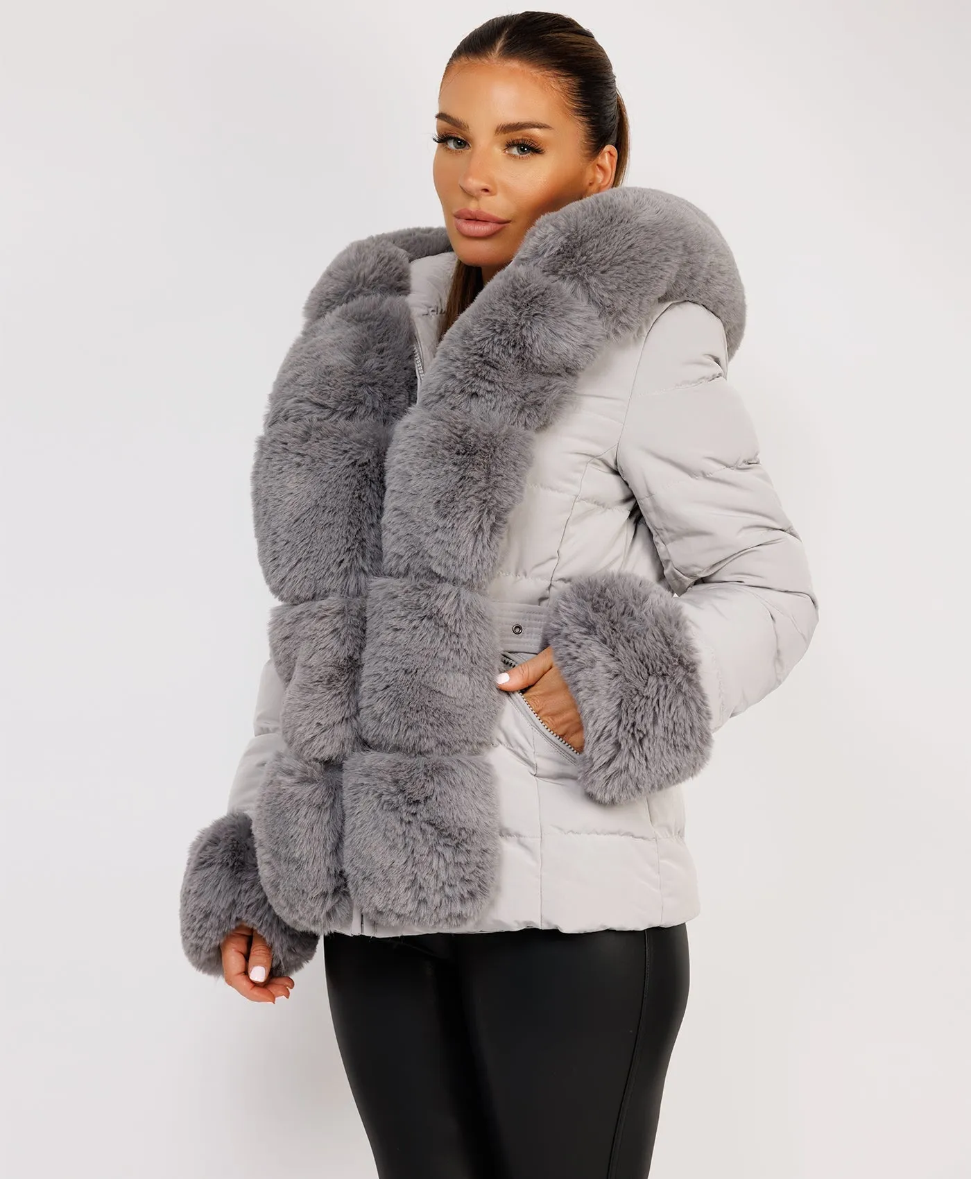 Grey Premium Faux Fur Trim Padded Parka Coat