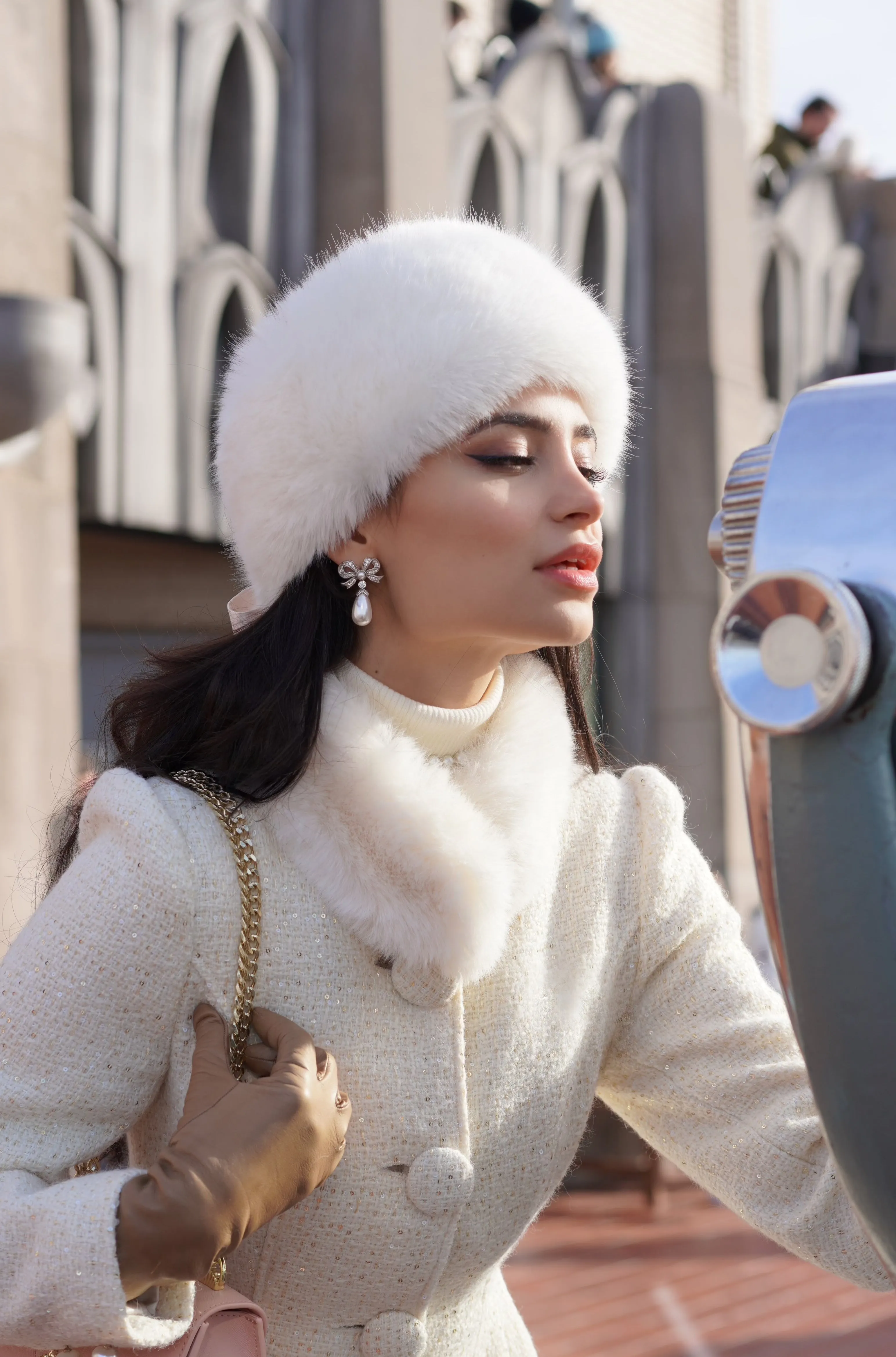 'Harlow' Faux Fur Headband with Satin Bow in Bianco