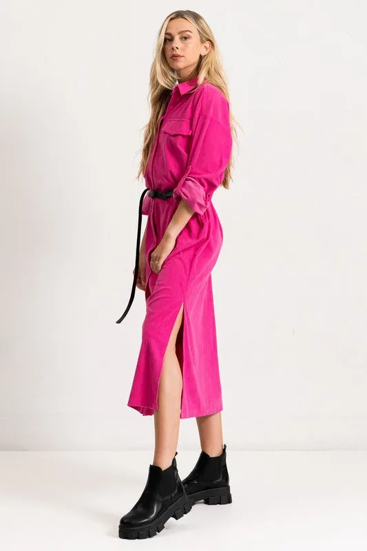 Hot Pink Corduroy Roll Up Sleeve Shirt Dress With Belt