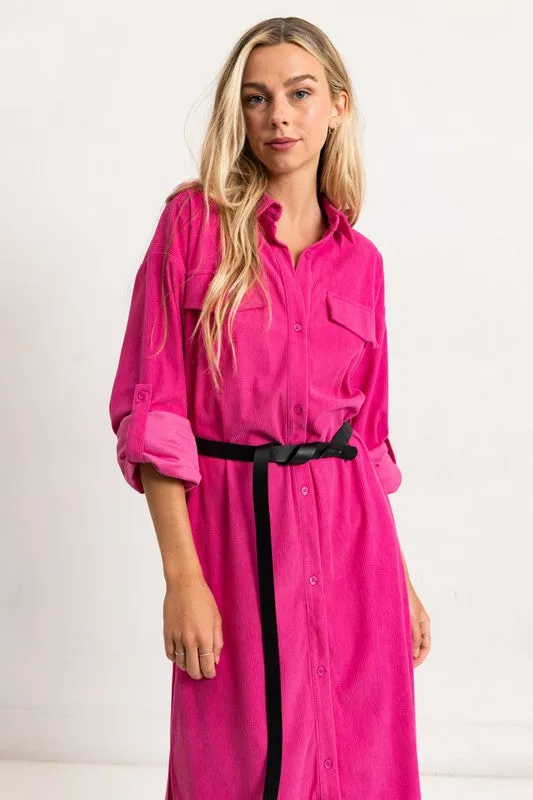 Hot Pink Corduroy Roll Up Sleeve Shirt Dress With Belt