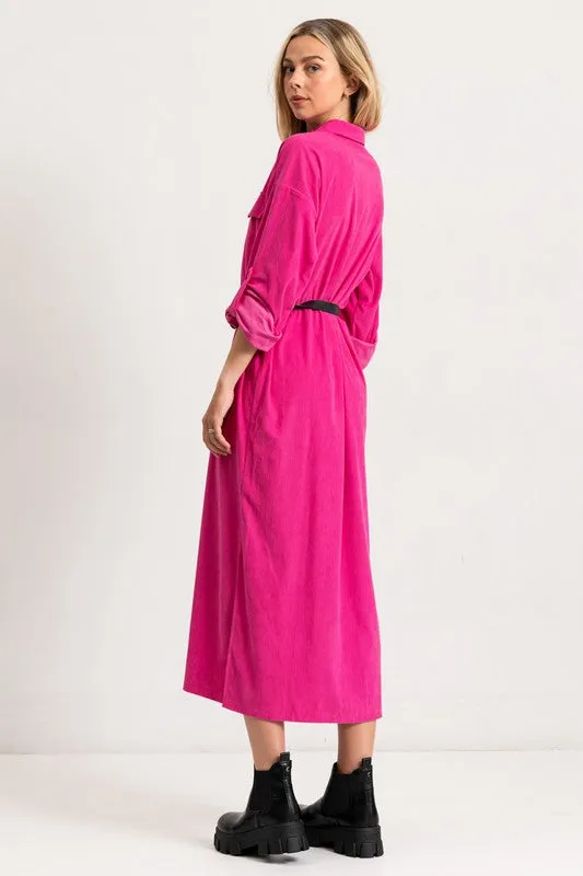 Hot Pink Corduroy Roll Up Sleeve Shirt Dress With Belt