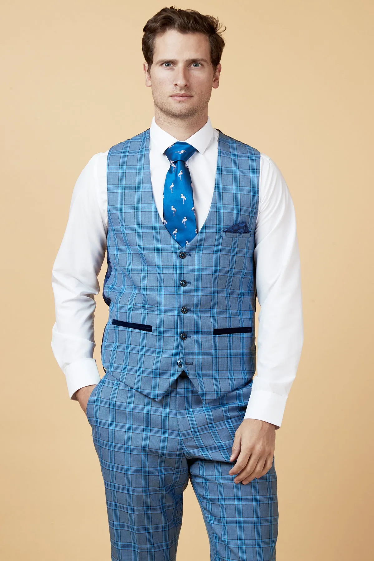 JOSE - Sky Blue Check Single Breasted Waistcoat